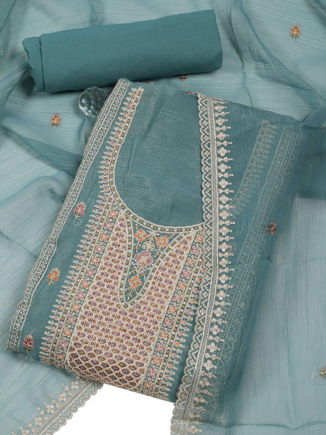 Neck Embroidered Organza Unstitched Suit With Dupatta
