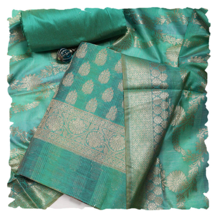 Green Woven Design Chanderi Unstitched Dress Material
