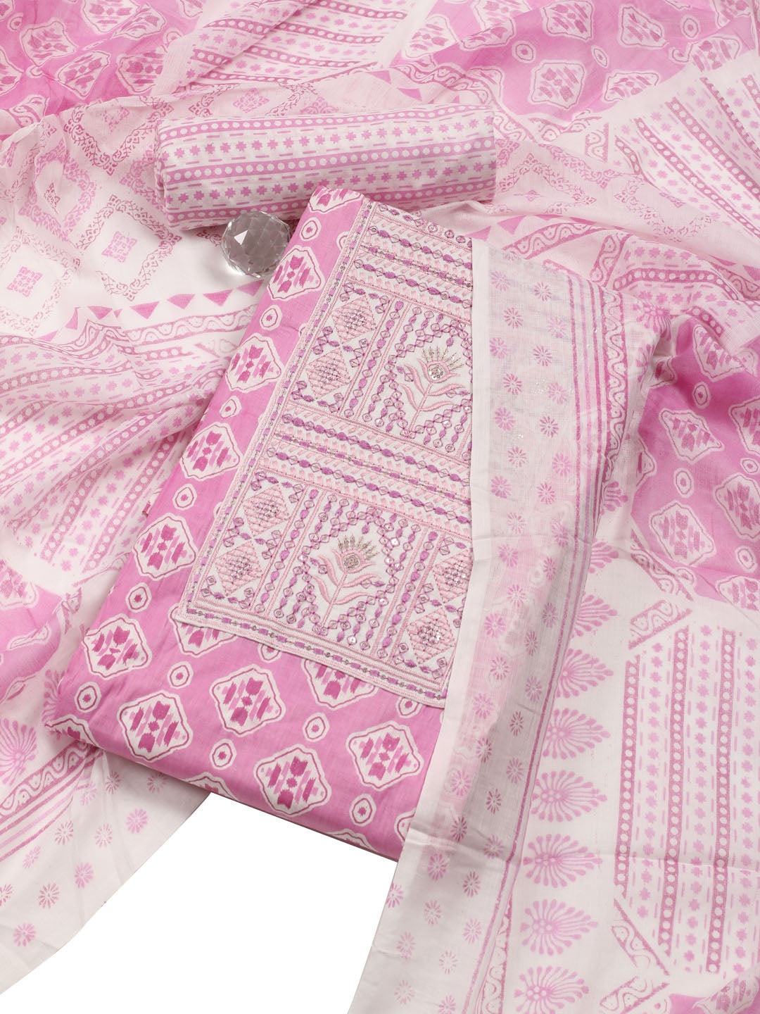 Neck Embroidered Cotton Blend Unstitched Suit With Dupatta
