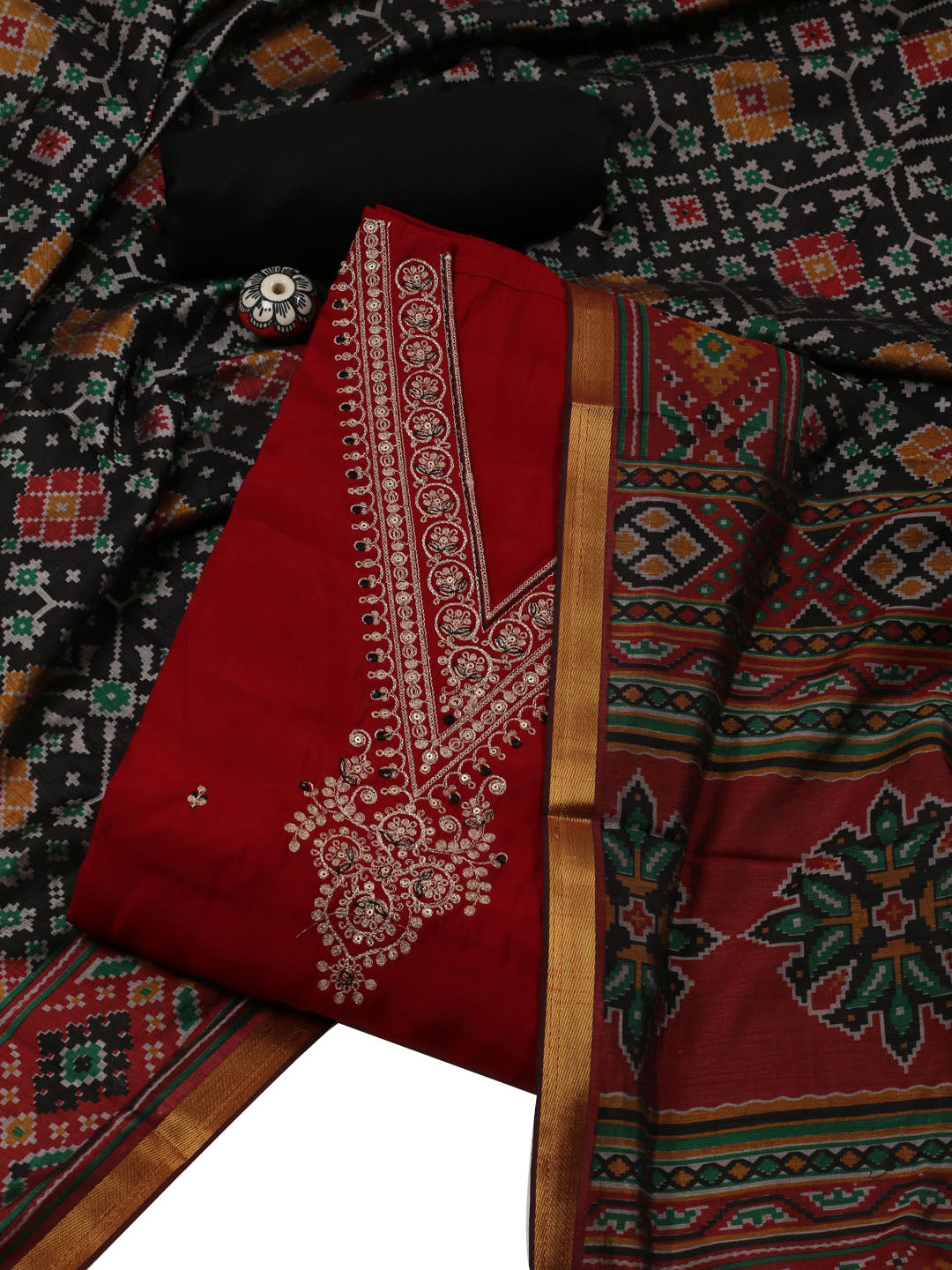 Neck Embroidered Chanderi Unstitched Suit With Dupatta