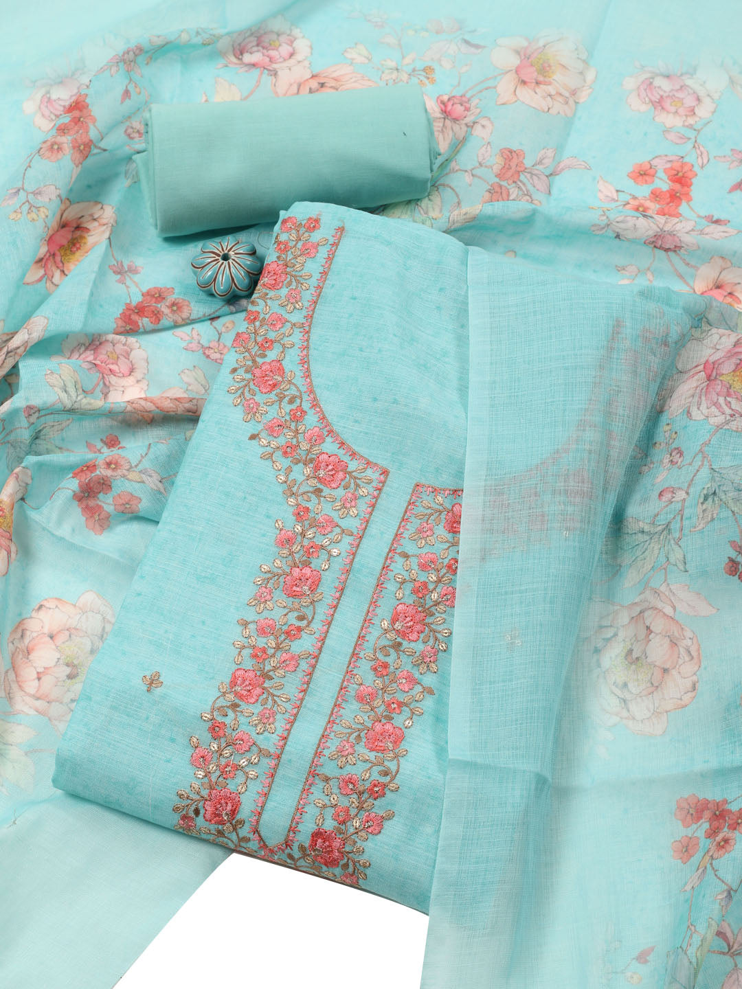 Neck Embroidered Linen Unstitched Suit With Dupatta