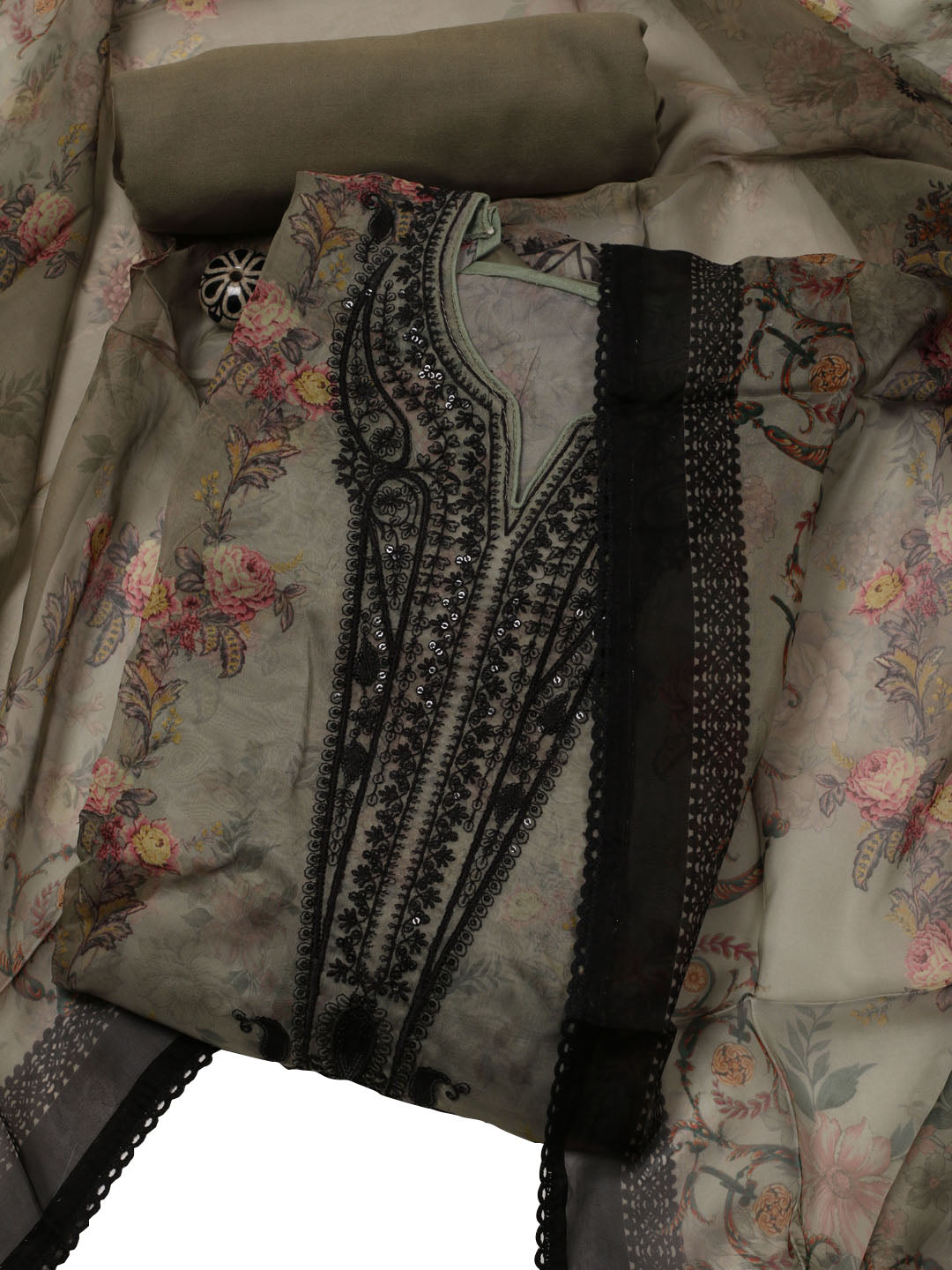 Neck Embroidered Organza Unstitched Suit With Dupatta