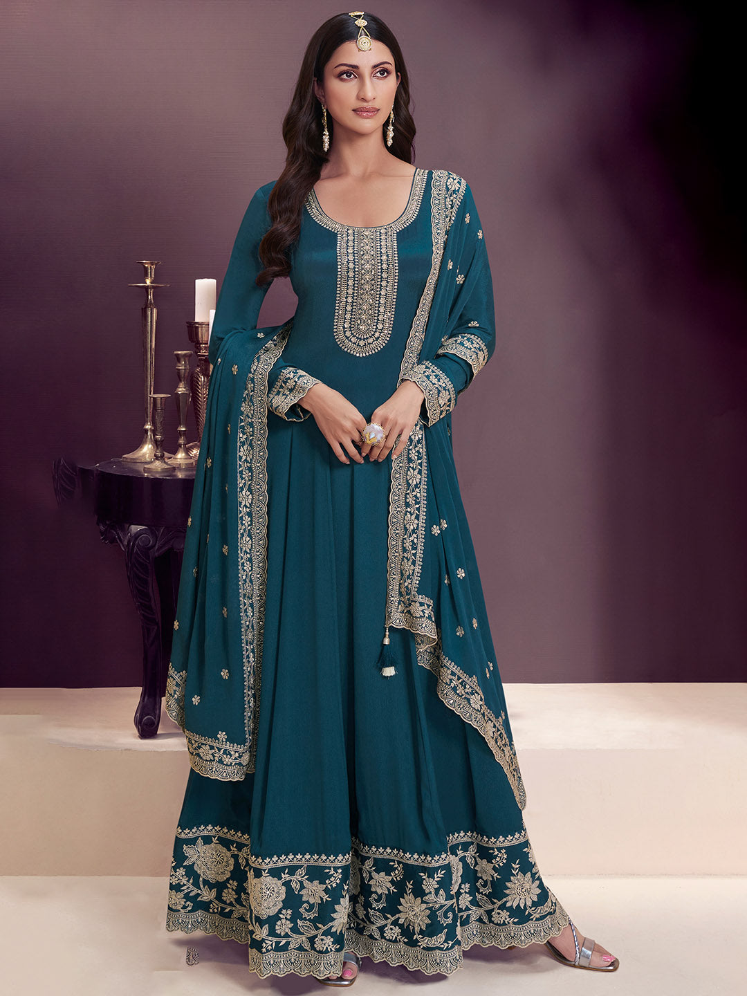 Embroidered Chinon Unstitched Suit With Pant &amp; Dupatta