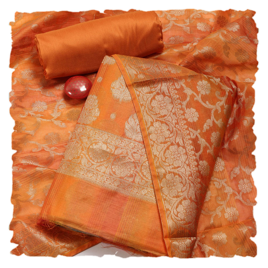 Orange Woven Design Chanderi Unstitched Dress Material