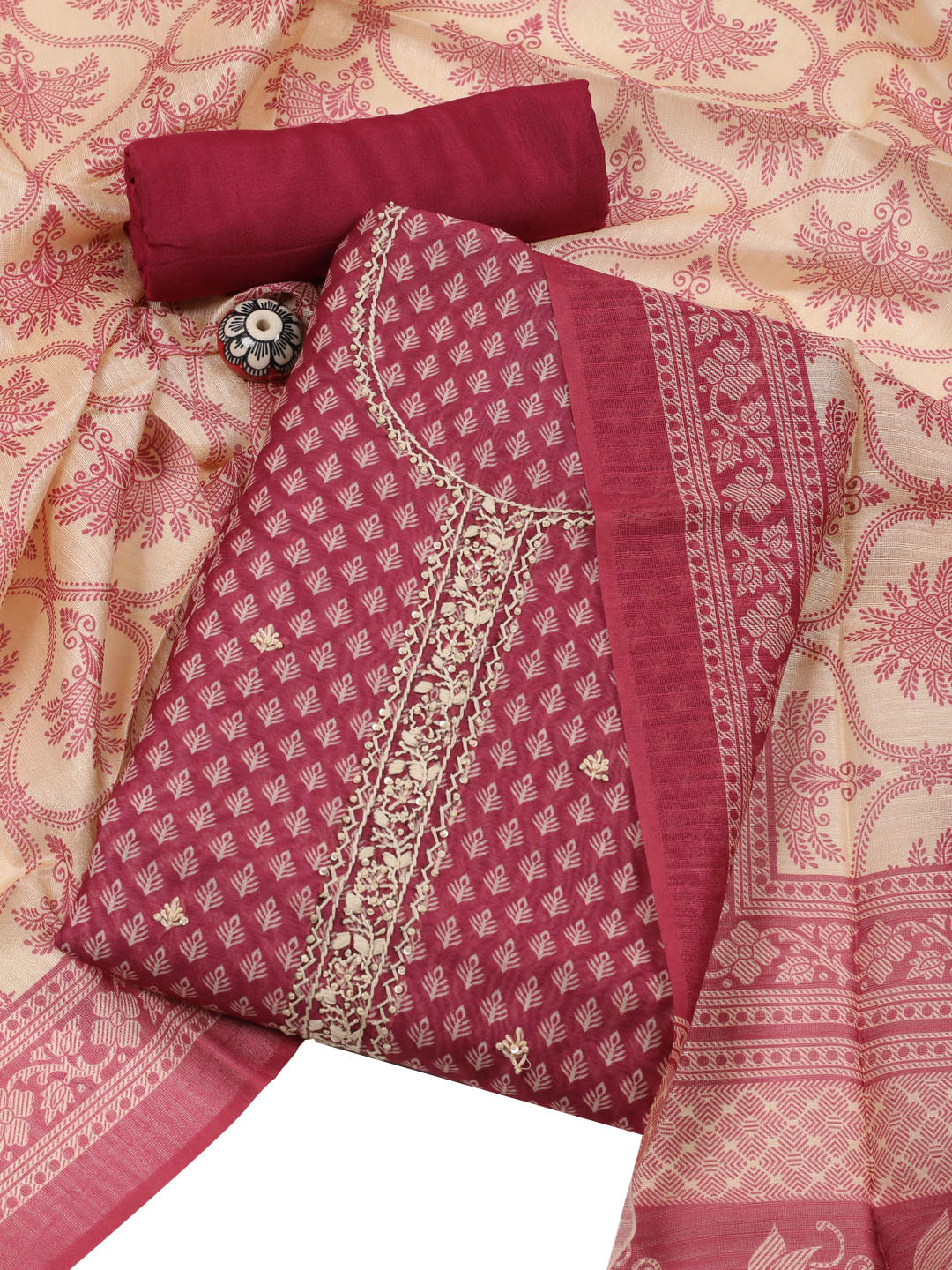 Neck Embroidered Chanderi Unstitched Suit With Dupatta