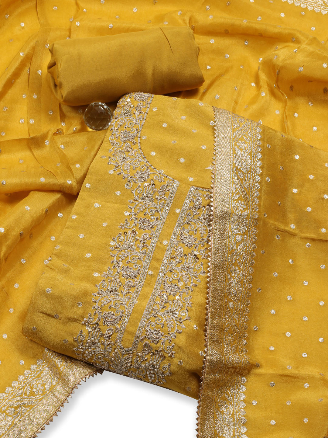Neck Embroidered Chanderi Unstitched Suit With Dupatta