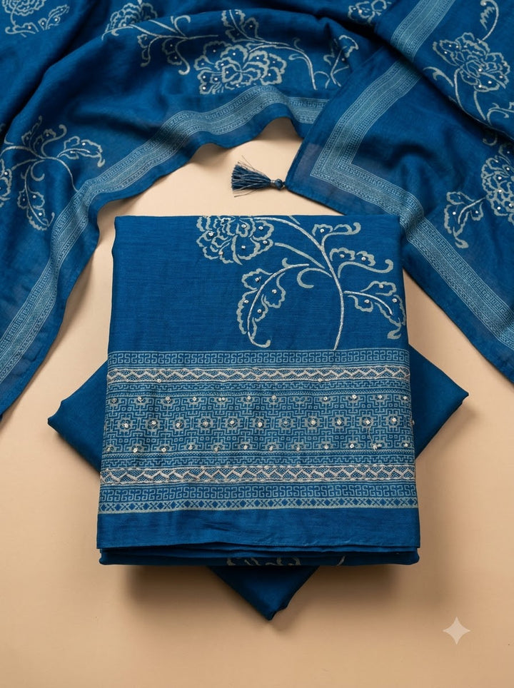 Blue Chanderi Printed Unstitched Dress Material
