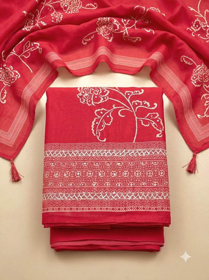 Hot Pink Chanderi Printed Unstitched Dress Material