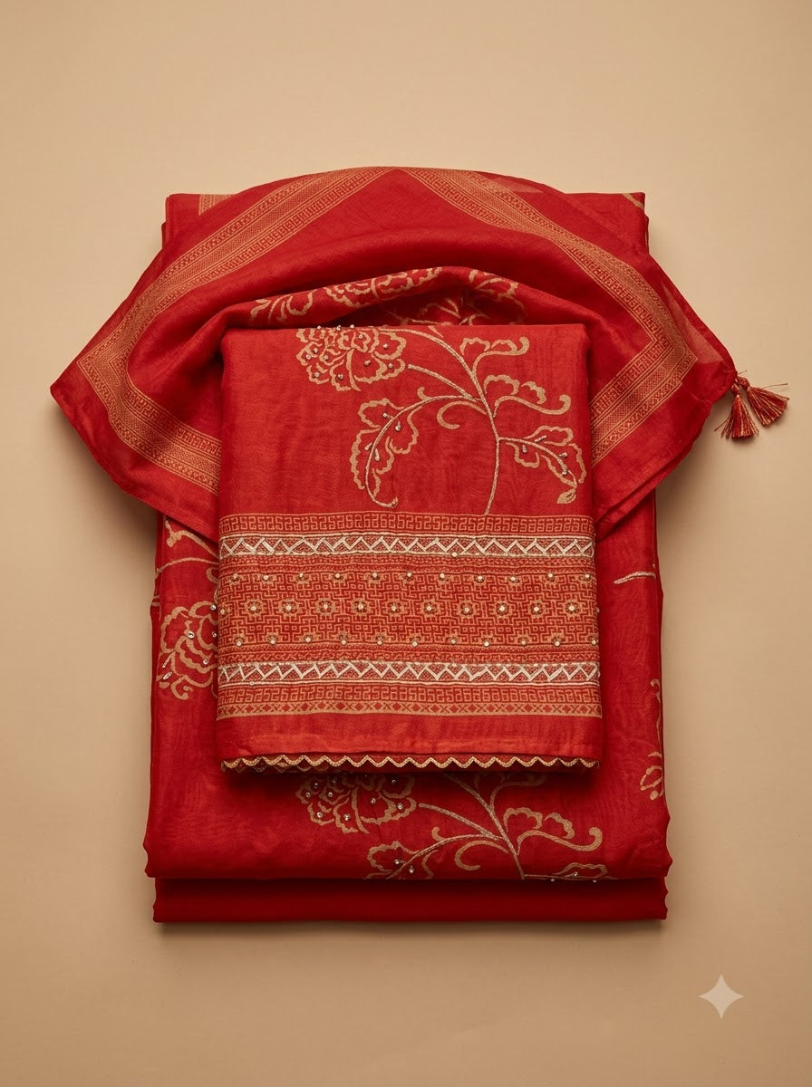 Red Chanderi Printed Unstitched Dress Material