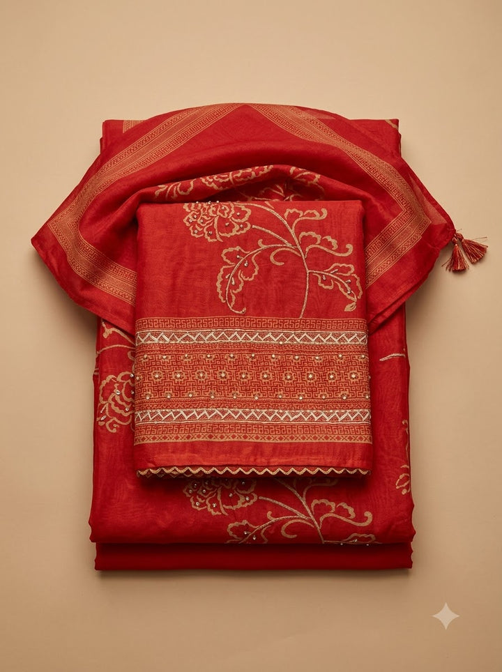Red Chanderi Printed Unstitched Dress Material