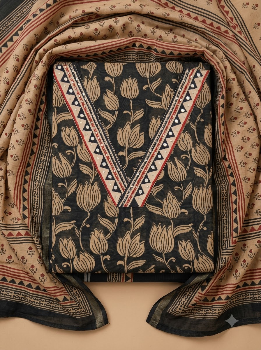 Black Chanderi Printed Unstitched Dress Material