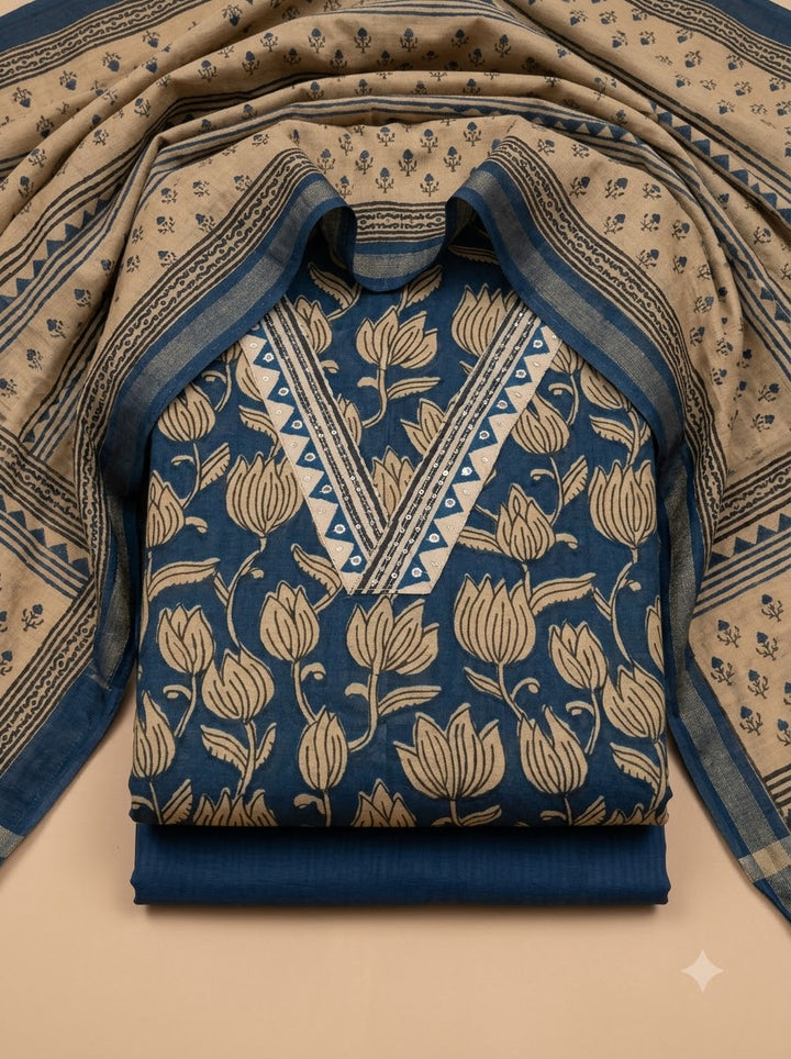 Blue Chanderi Printed Unstitched Dress Material