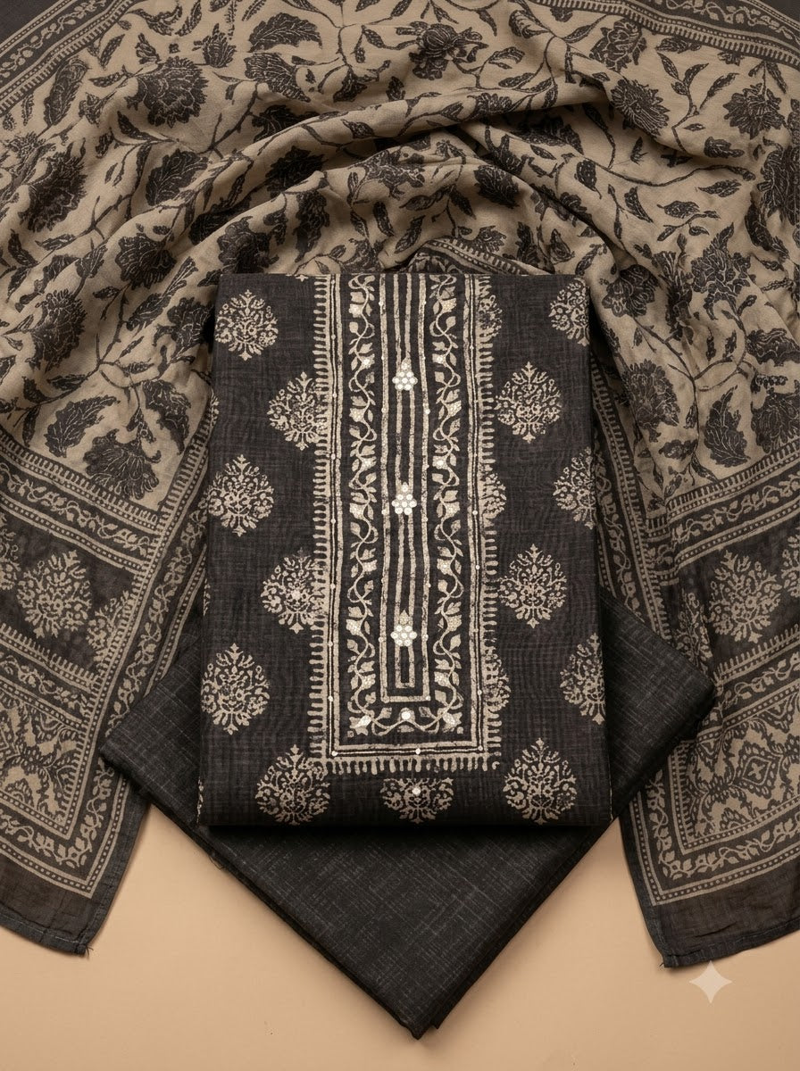 Grey Chanderi Embroidered Unstitched Dress Material