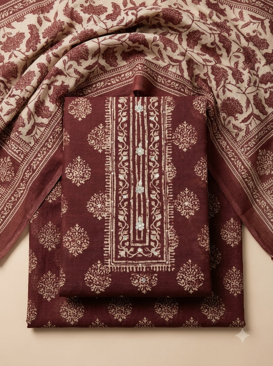 Maroon Chanderi Embroidered Unstitched Dress Material