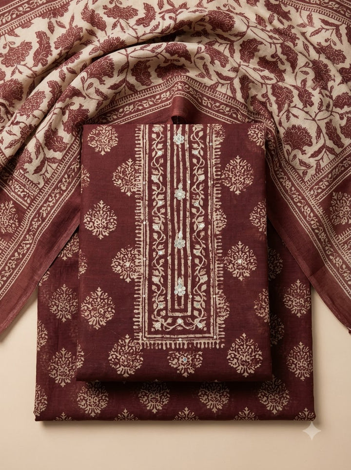 Maroon Chanderi Embroidered Unstitched Dress Material