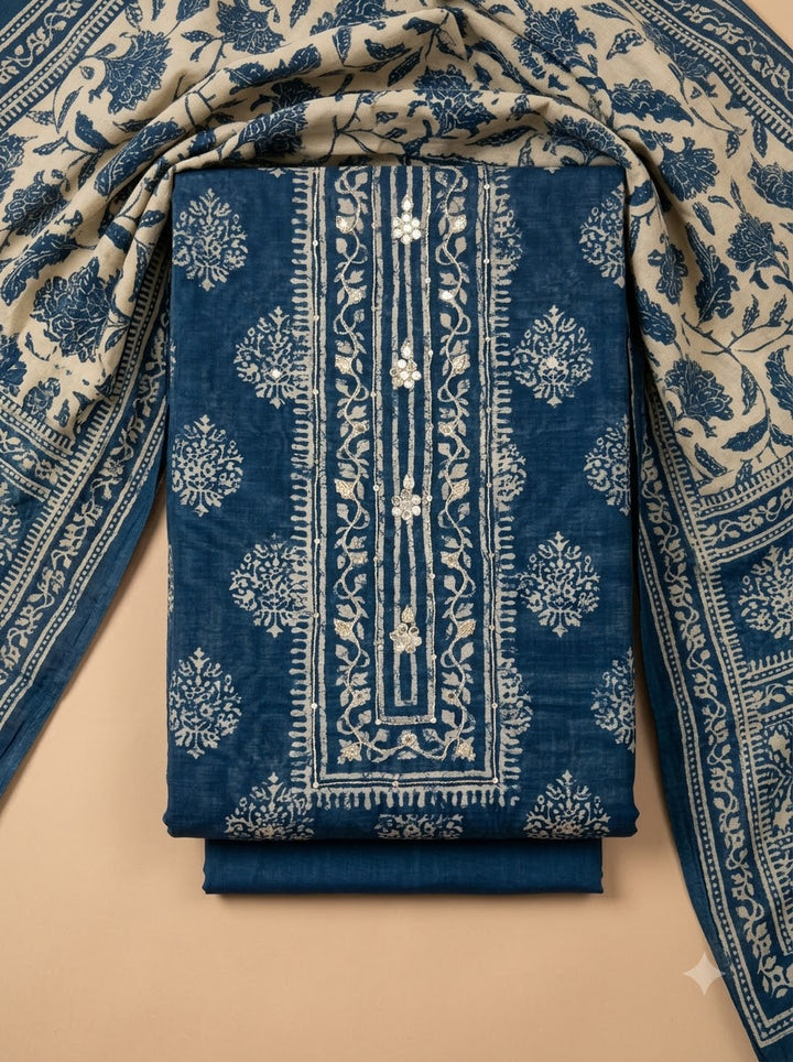 Navy Blue Chanderi Embroidered Unstitched Dress Material