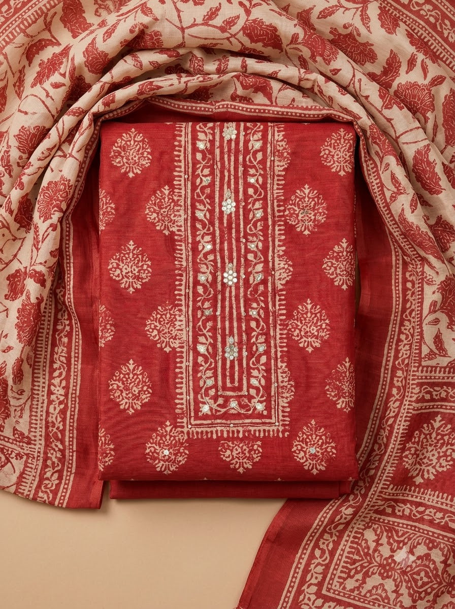 Hot Pink Chanderi Embroidered Unstitched Dress Material