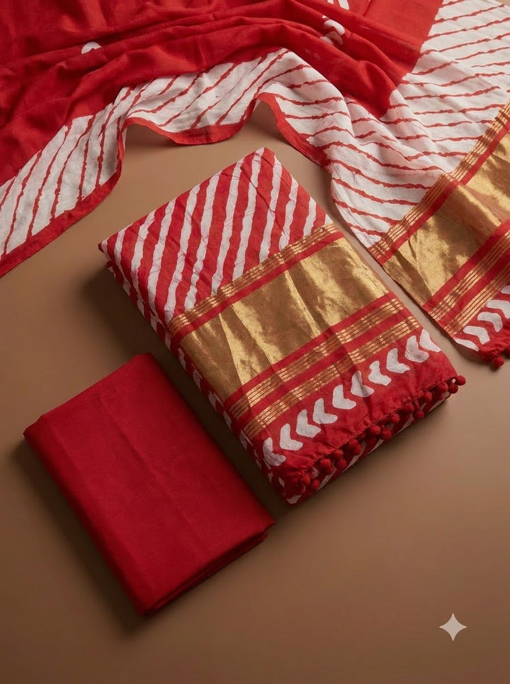 Red Cotton Blend Printed Unstitched Dress Material