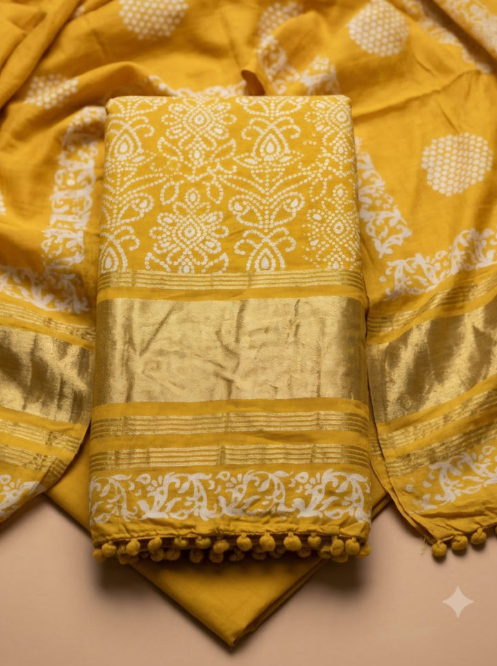 Yellow Cotton Blend Printed Unstitched Dress Material