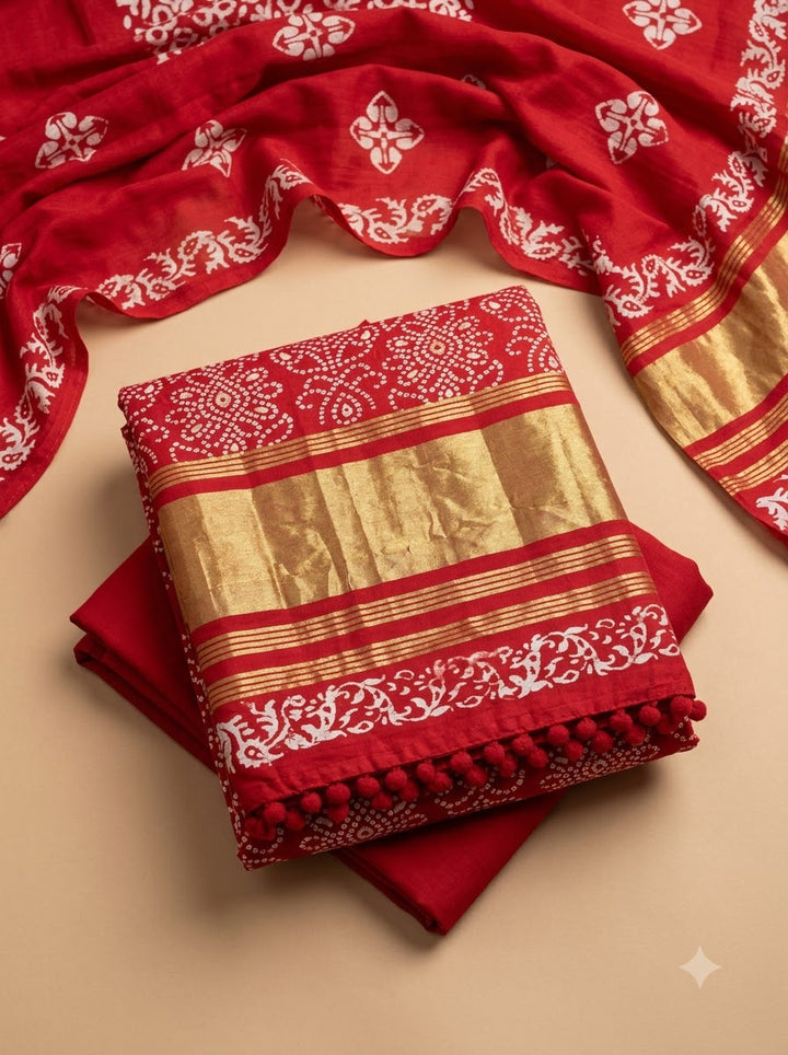 Red Cotton Blend Printed Unstitched Dress Material