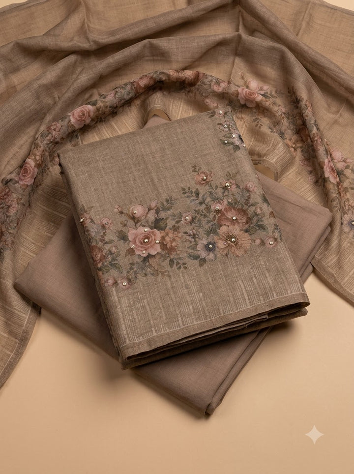 Beige Linen Blend Printed Unstitched Dress Material