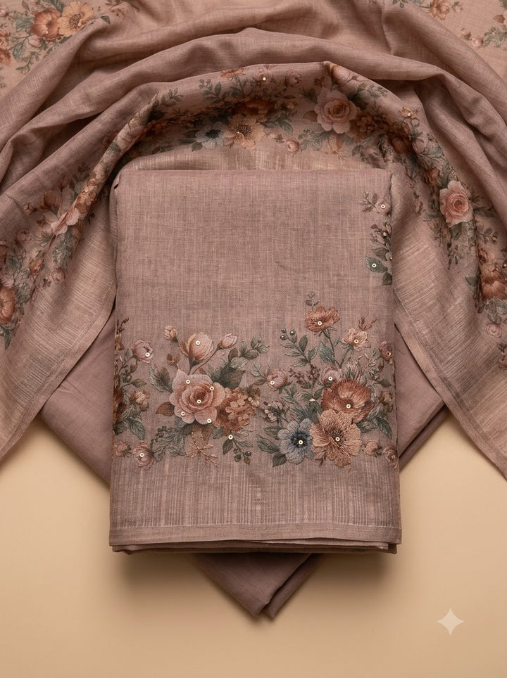 Onion Pink Linen Blend Printed Unstitched Dress Material