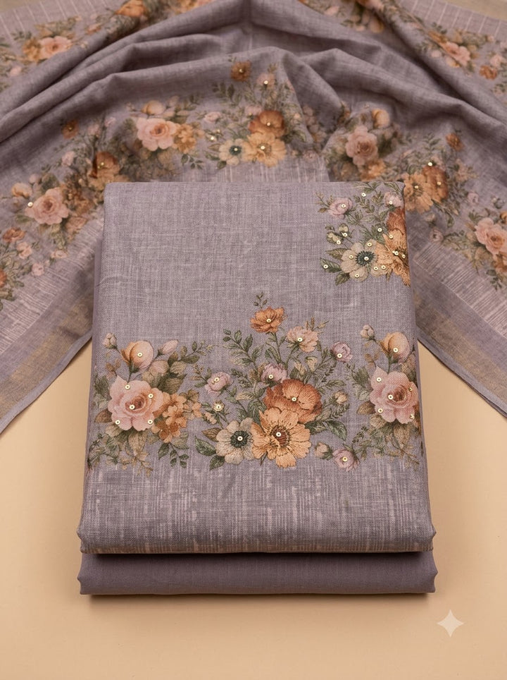 Mauve Linen Blend Printed Unstitched Dress Material