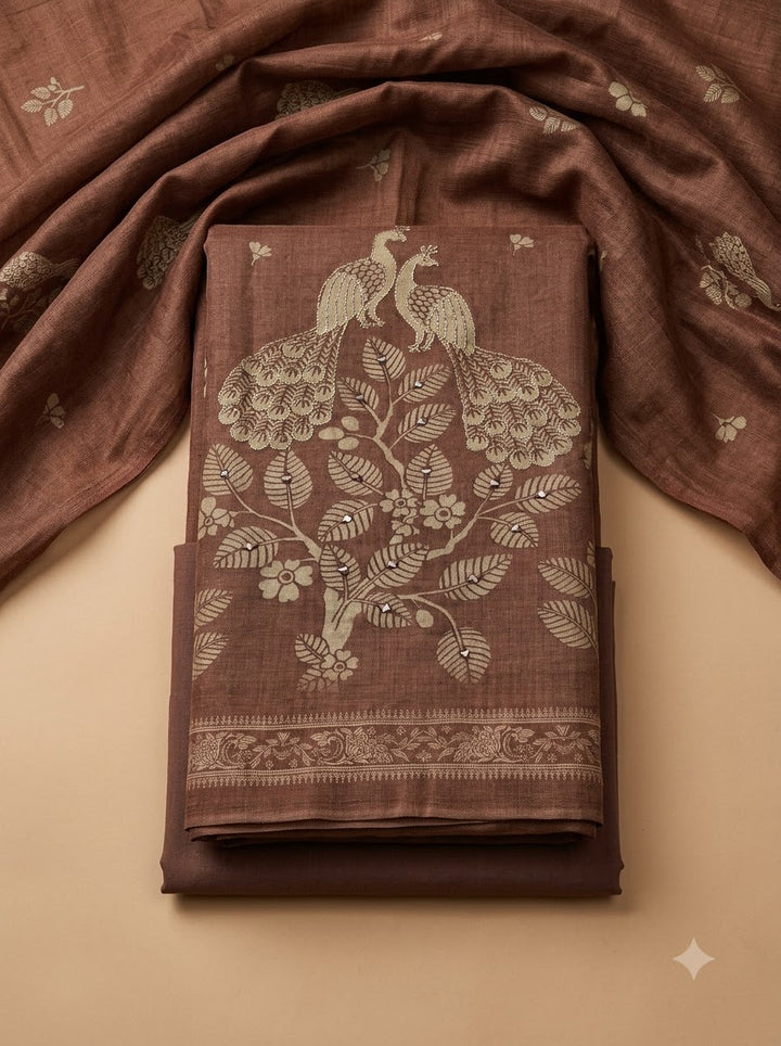 Brown Linen Blend Printed Unstitched Dress Material