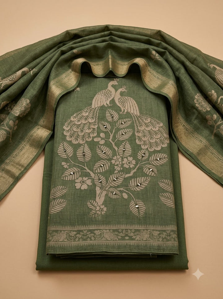 Green Linen Blend Printed Unstitched Dress Material