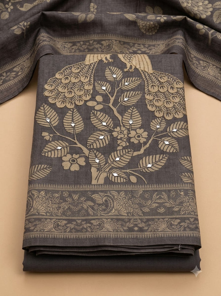 Grey Linen Blend Printed Unstitched Dress Material