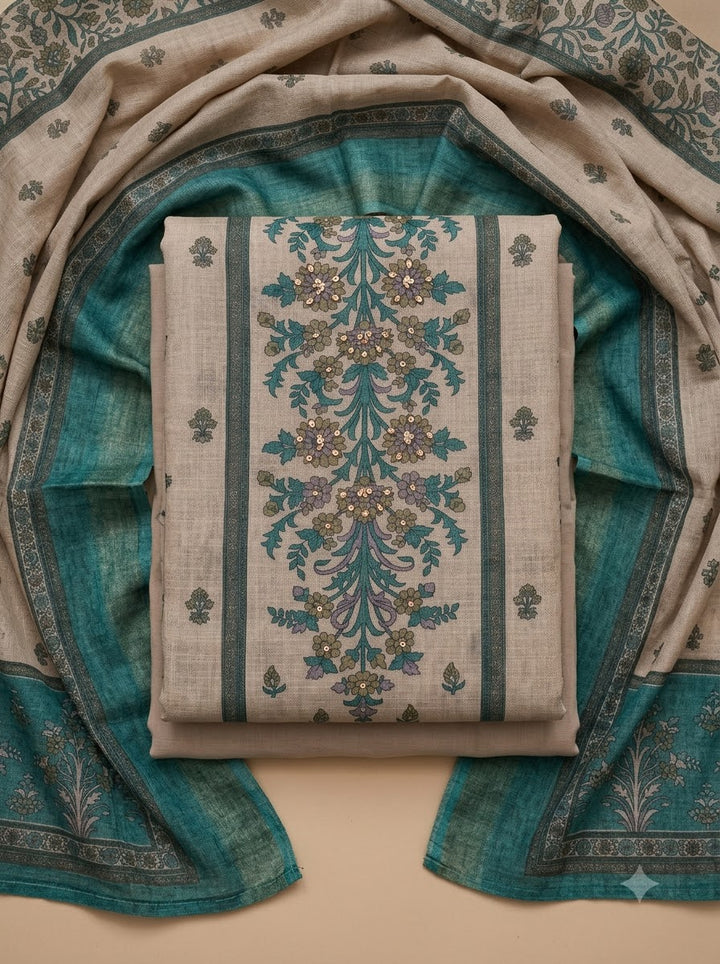 Rama Green Linen Blend Printed Unstitched Dress Material