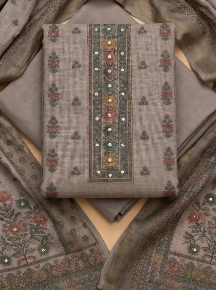 Beige Linen Blend Embroidered Unstitched Dress Material