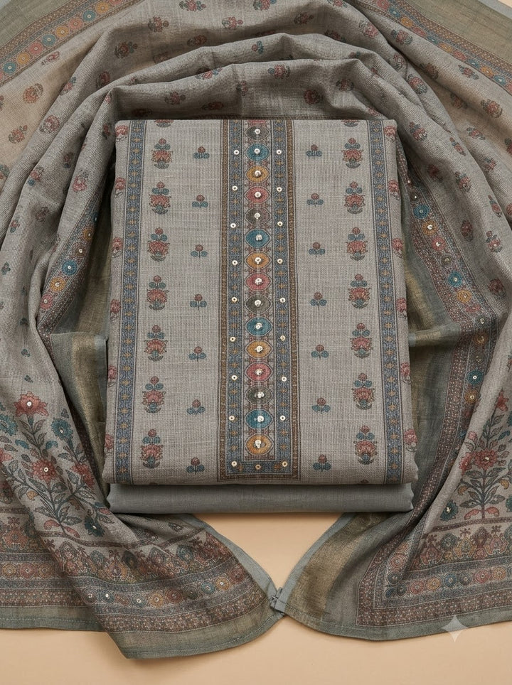 Grey Linen Blend Embroidered Unstitched Dress Material