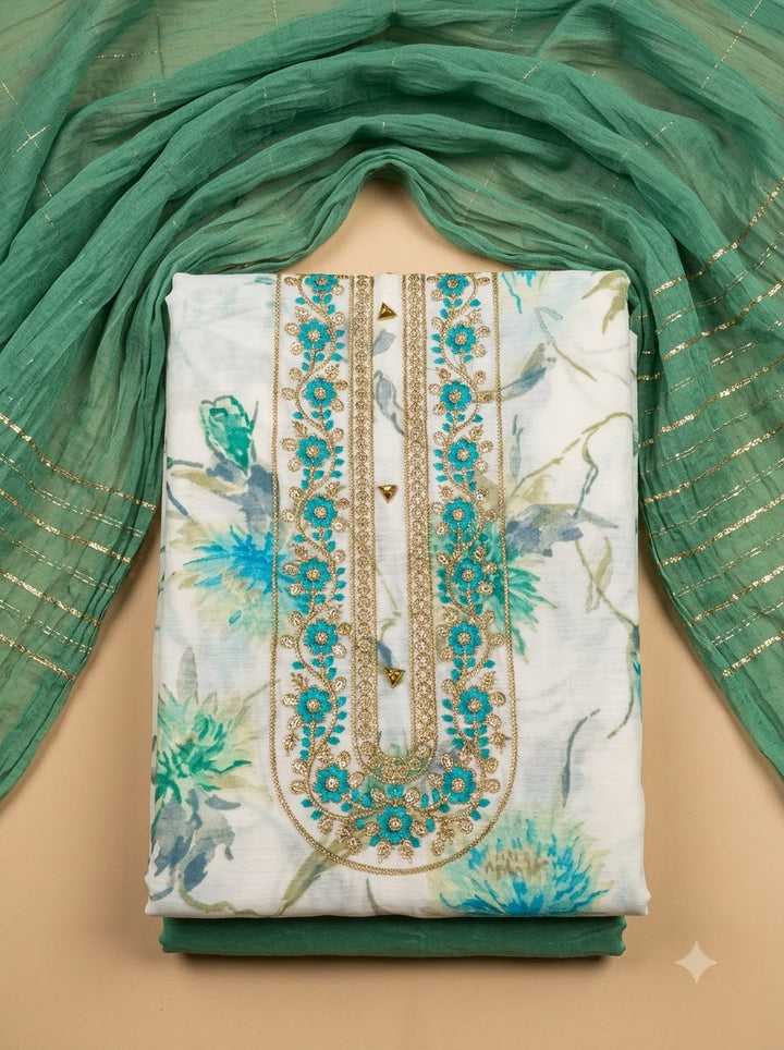 Green Cotton Blend Embroidered Unstitched Dress Material