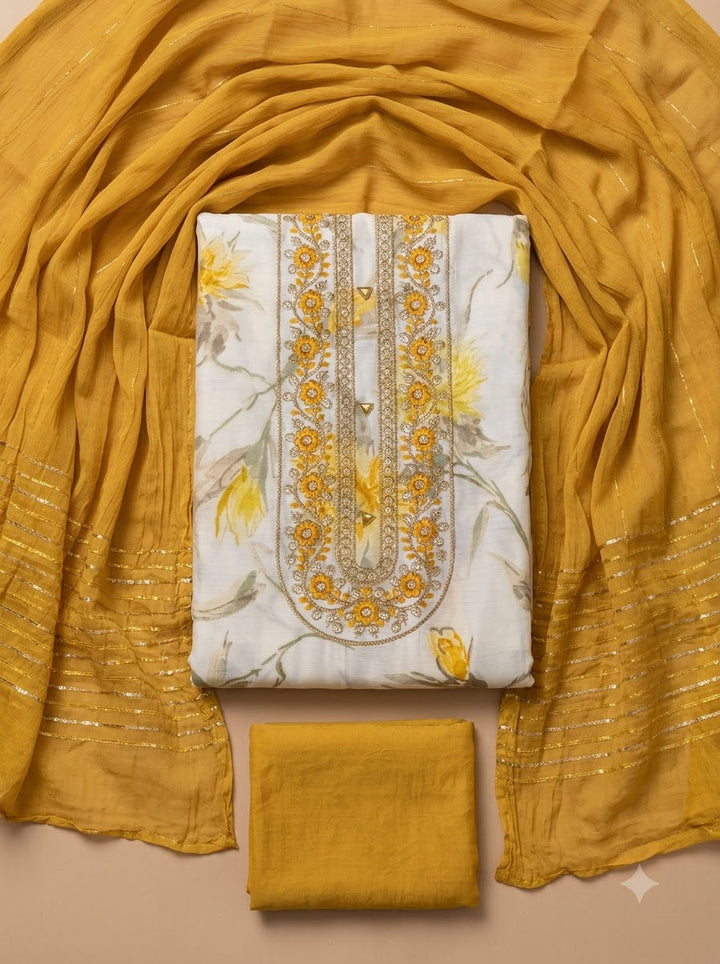 Mustard Cotton Blend Embroidered Unstitched Dress Material