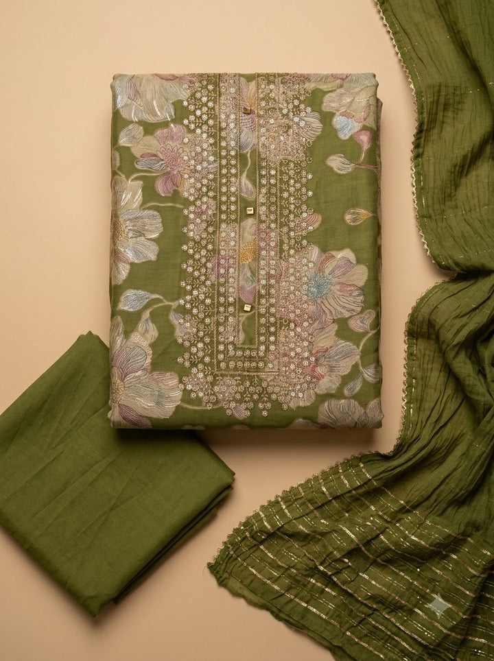 Green Cotton Blend Embroidered Unstitched Dress Material