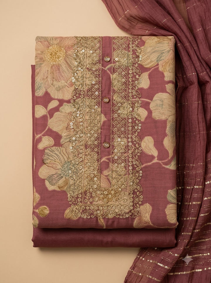 Onion Pink Cotton Blend Embroidered Unstitched Dress Material