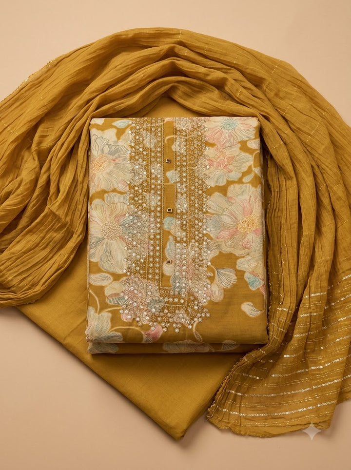 Mustard Cotton Blend Embroidered Unstitched Dress Material