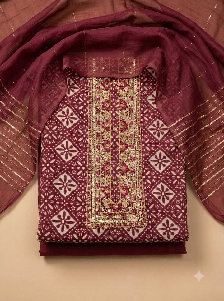 Maroon Cotton Blend Embroidered Unstitched Dress Material