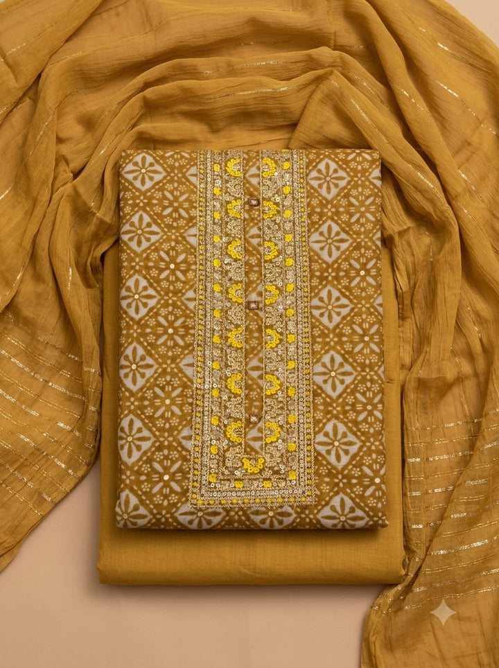 Mustard Cotton Blend Embroidered Unstitched Dress Material