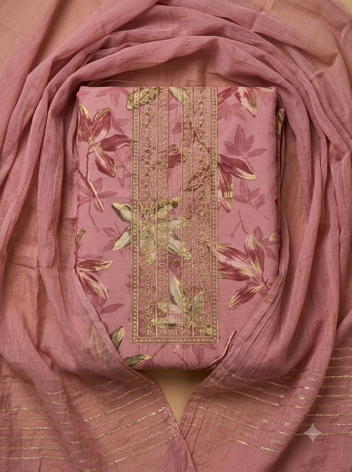 Onion Pink Cotton Blend Embroidered Unstitched Dress Material