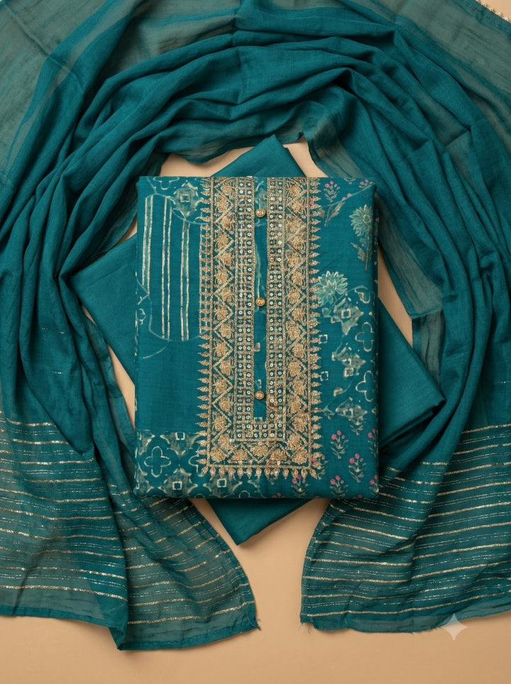 Blue Cotton Blend Embroidered Unstitched Dress Material