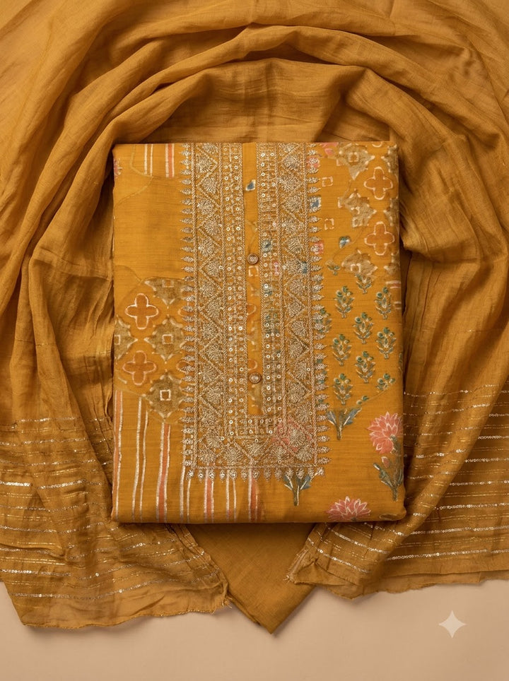 Orange Cotton Blend Embroidered Unstitched Dress Material