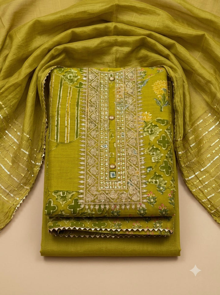 Pista Green Cotton Blend Embroidered Unstitched Dress Material