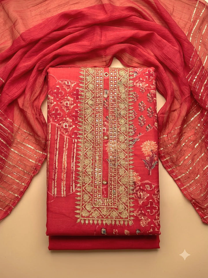 Hot Pink Cotton Blend Embroidered Unstitched Dress Material
