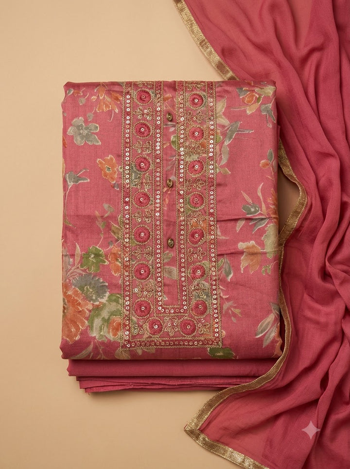Hot Pink Cotton Blend Embroidered Unstitched Dress Material