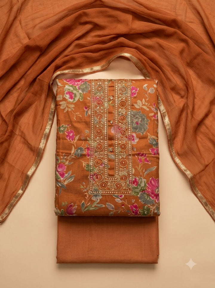 Rust Cotton Blend Embroidered Unstitched Dress Material