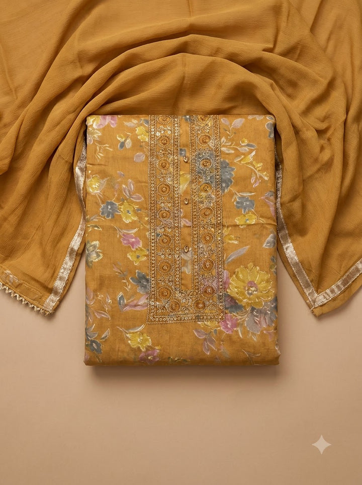 Mustard Cotton Blend Embroidered Unstitched Dress Material