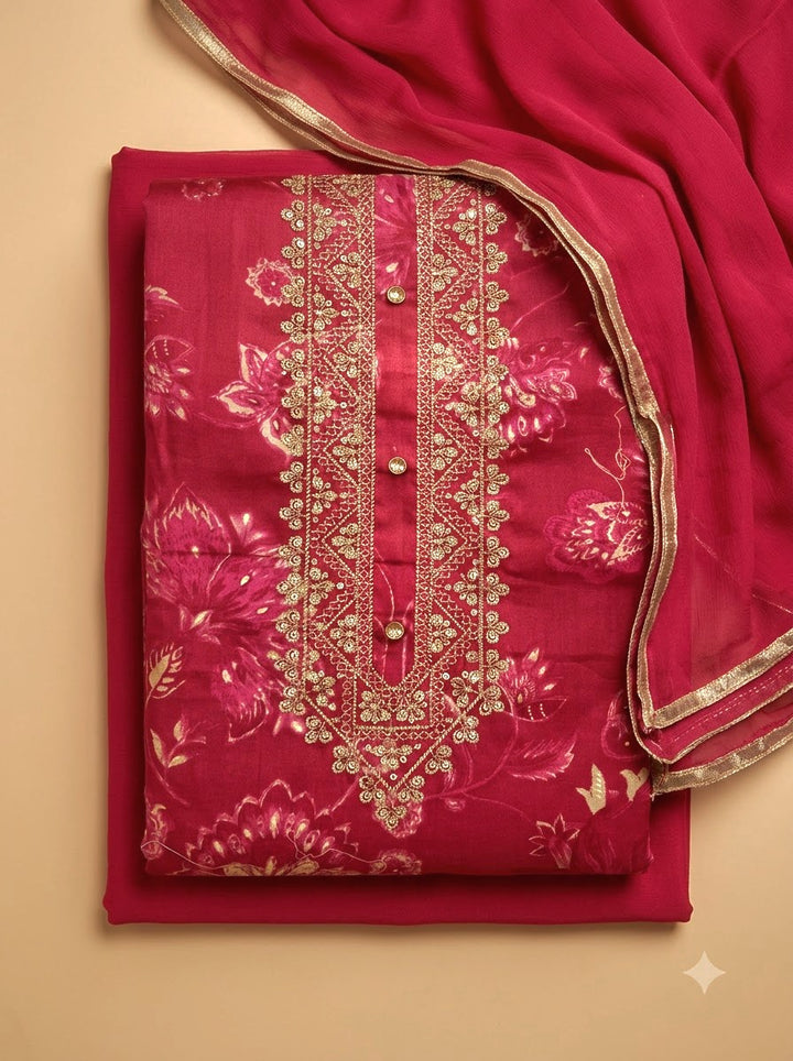 Hot Pink Cotton Blend Embroidered Unstitched Dress Material