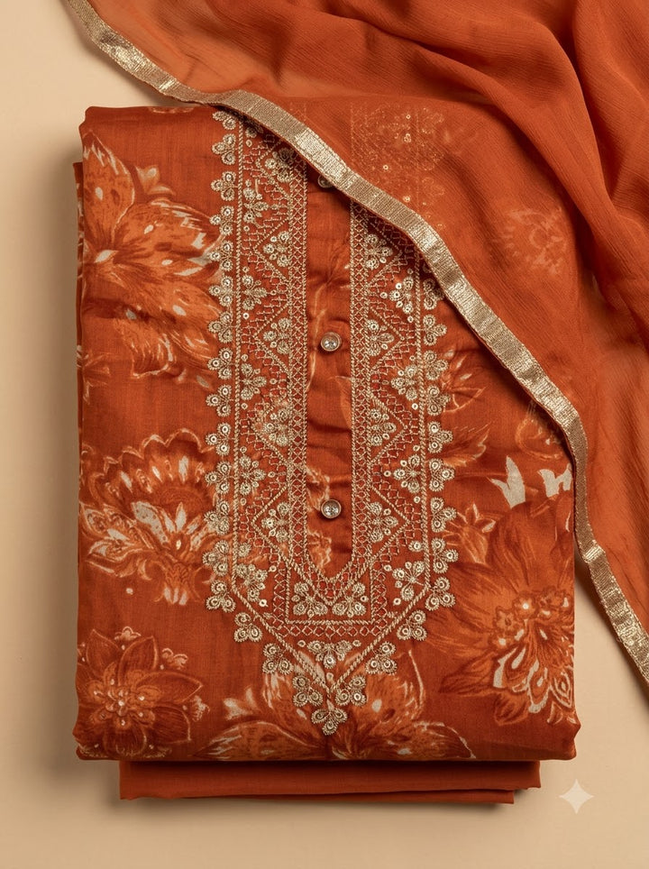 Rust Cotton Blend Embroidered Unstitched Dress Material